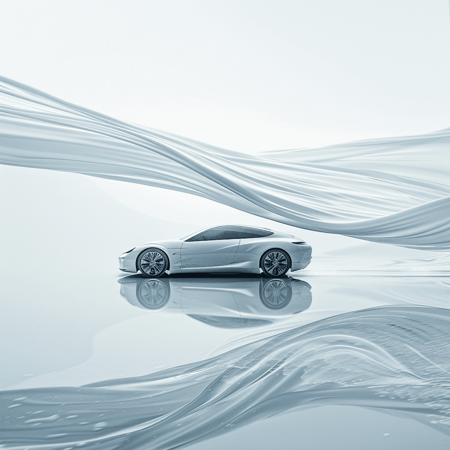 A white car with a sleek modern body shape against a plain flowing background