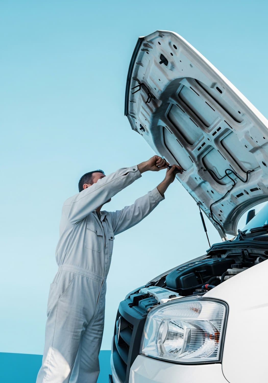A technician in a white jumpsuit checking over a white car outdoors under a clear sky