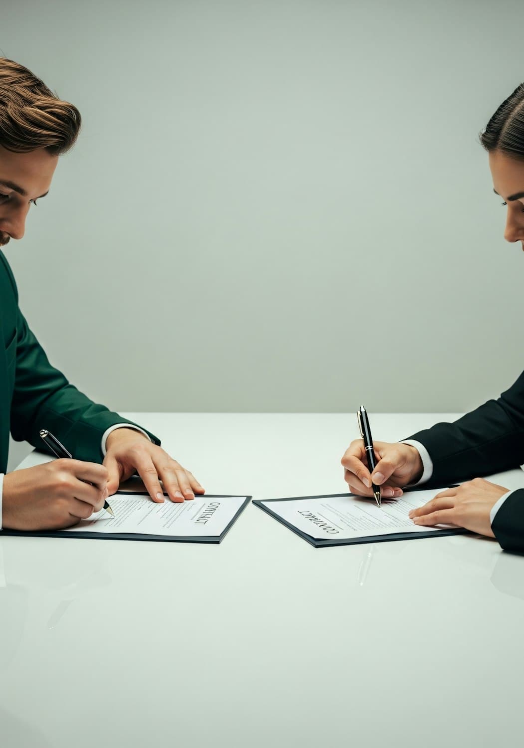 Two people in formal clothing signing paperwork across a white table
